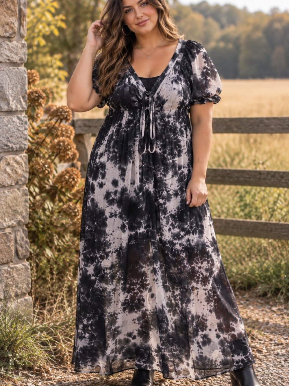 Earthbound Tie Dye Maxi Dress Black Gray Puff Sleeve Boho XL NWT